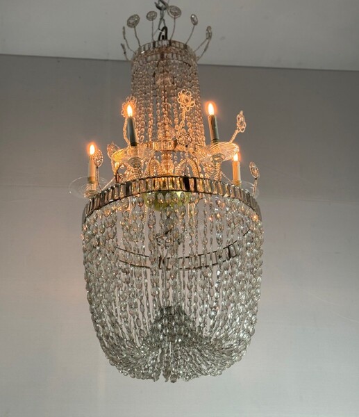 Important Navette Cut Crystal Pearl Bag Chandelier, Circa 1800