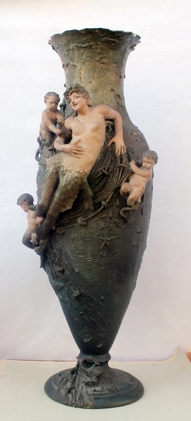 Large art nouveau vase with mermaid and tritons