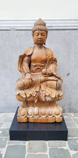 Large carved wooden Buddha - some traces of polychromy - circa 1900