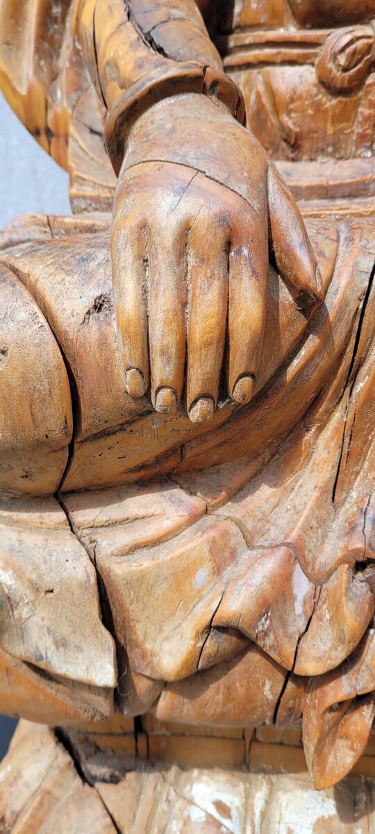 Large carved wooden Buddha - some traces of polychromy - circa 1900