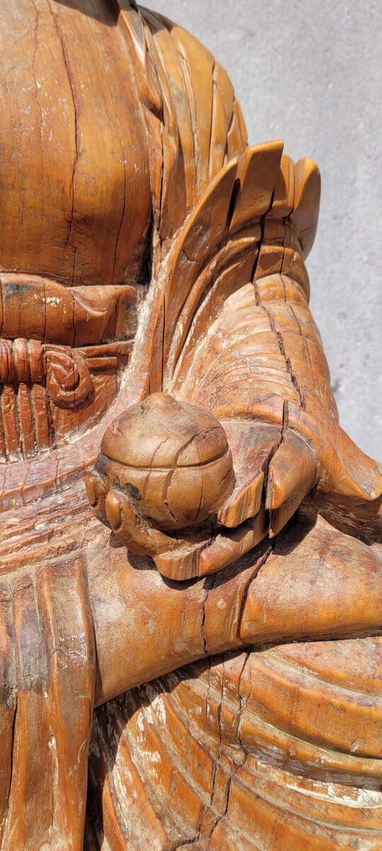 Large carved wooden Buddha - some traces of polychromy - circa 1900