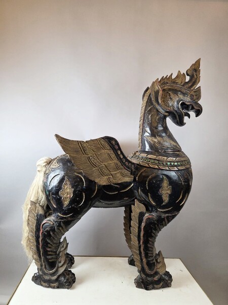 Large carved wooden Foo dog, Thailand