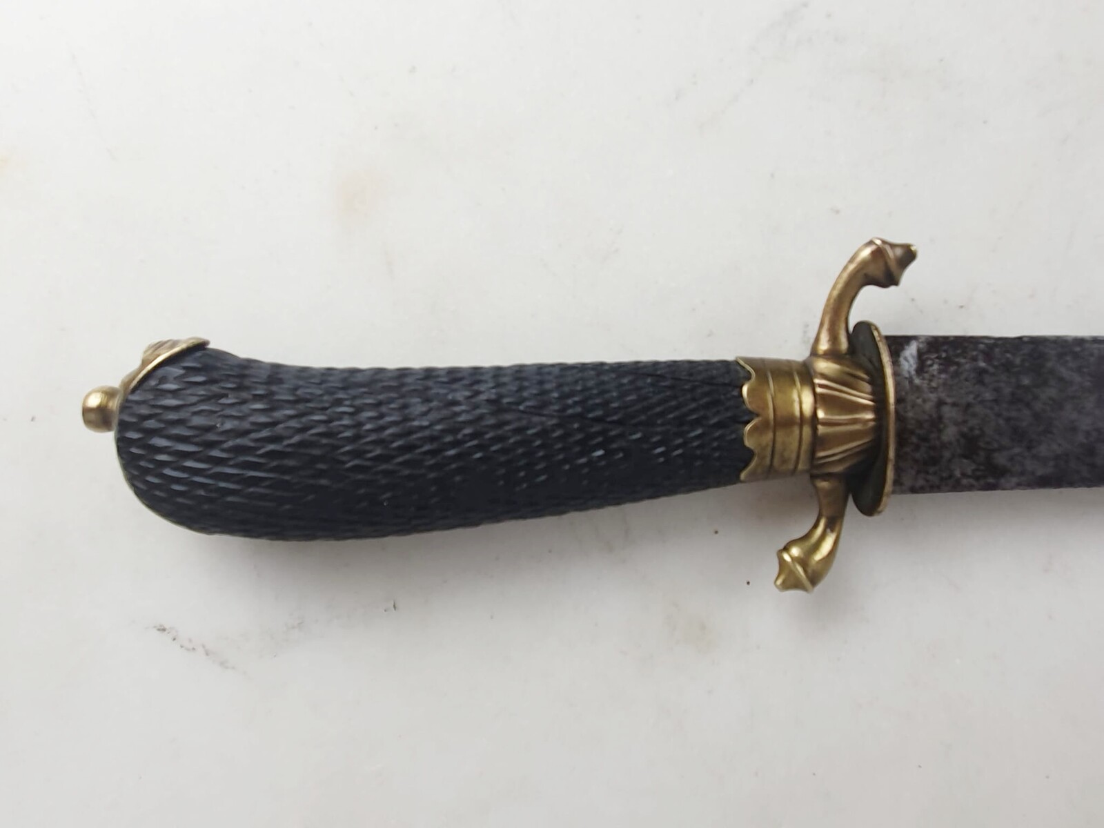 Large hunting dagger, 60 cm blade, engravings, ebony pommel, small grotesque head