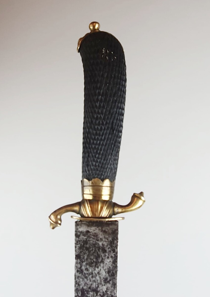 Large hunting dagger, 60 cm blade, engravings, ebony pommel, small grotesque head