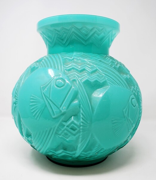 Large turquoise molded glass vase - fish decor 