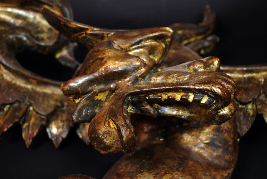 Large Winged Dragon In Carved And Gilded Wood, 19th