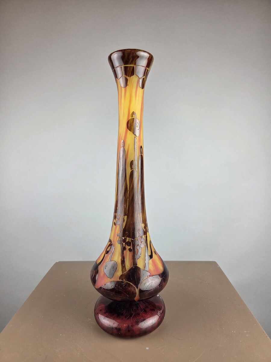 Le Verre Français, multi-layered glass paste vase decorated with bellflowers, circa 1925