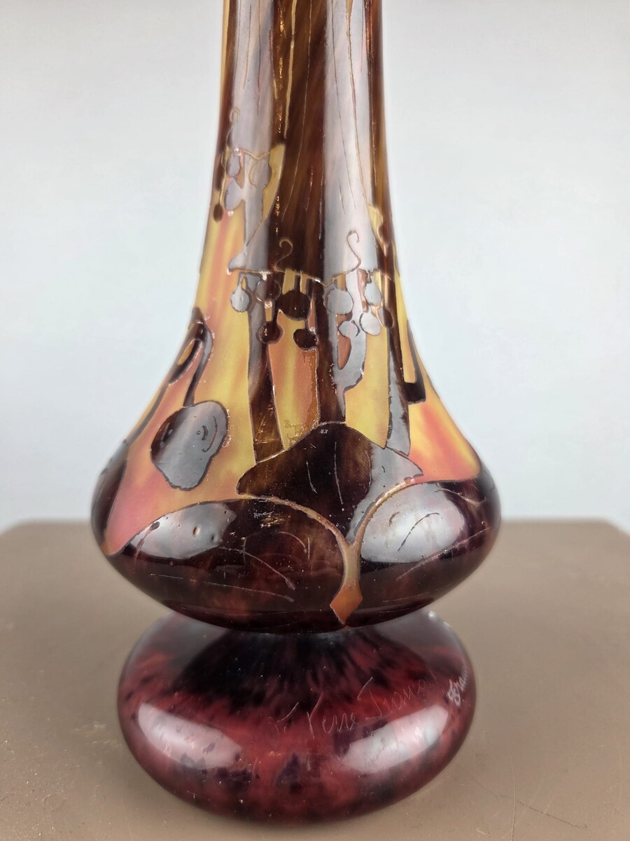 Le Verre Français, multi-layered glass paste vase decorated with bellflowers, circa 1925