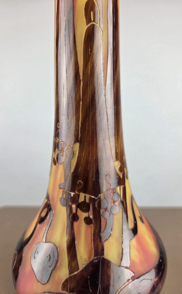 Le Verre Français, multi-layered glass paste vase decorated with bellflowers, circa 1925