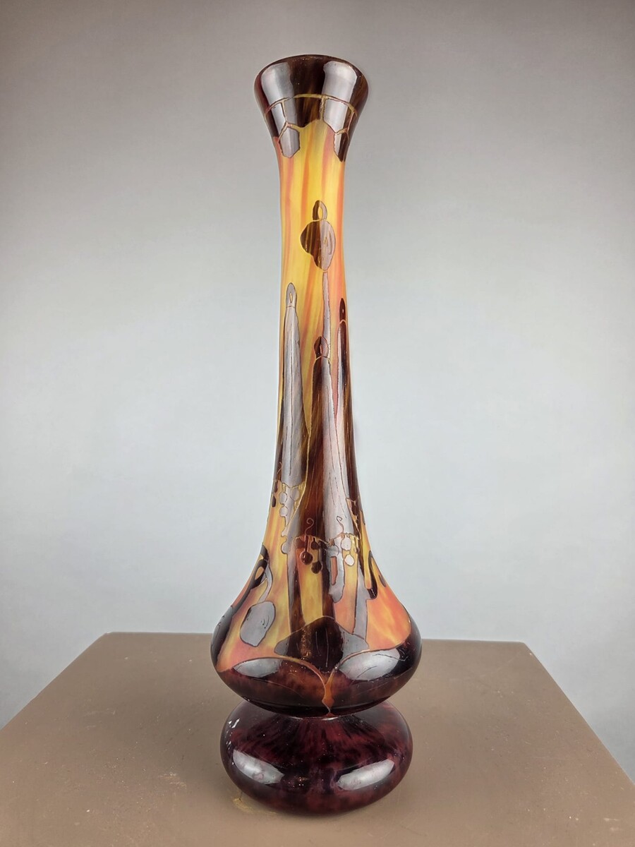 Le Verre Français, multi-layered glass paste vase decorated with bellflowers, circa 1925
