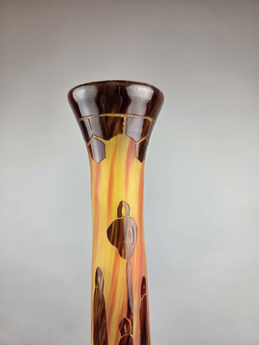 Le Verre Français, multi-layered glass paste vase decorated with bellflowers, circa 1925