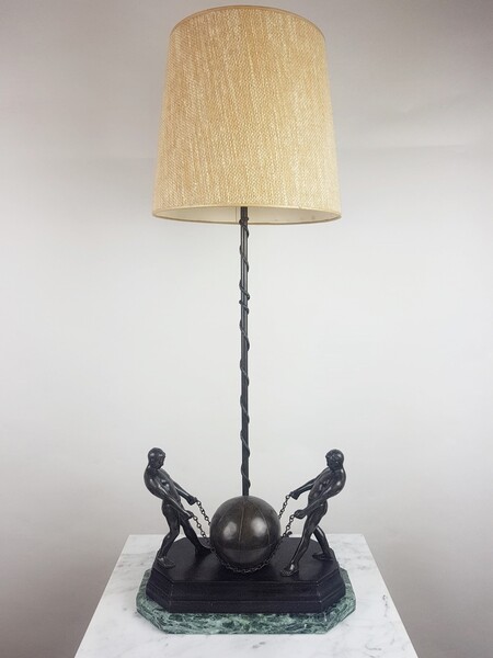 Living room lamp representing 2 men holding a sphere - regulates - circa 1930