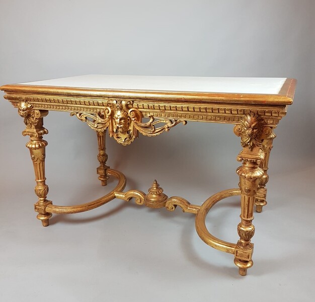 Louis XIV style center table in gilded wood and white marble tablet, 19th
