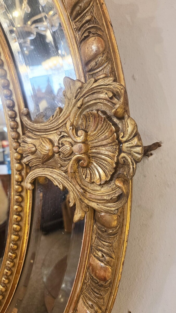 Louis XIV style medallion mirror in wood and gilded stucco, 19th