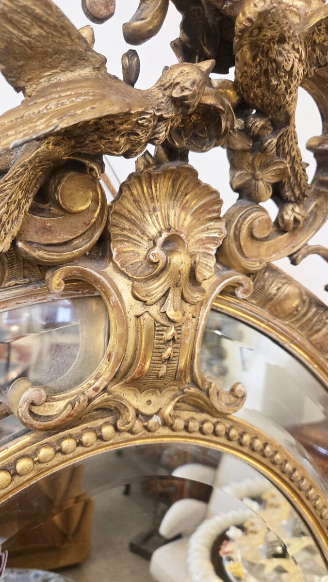 Louis XIV style medallion mirror in wood and gilded stucco, 19th