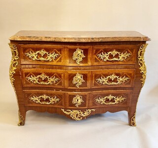Louis XV style marquetry crossbow chest of drawers