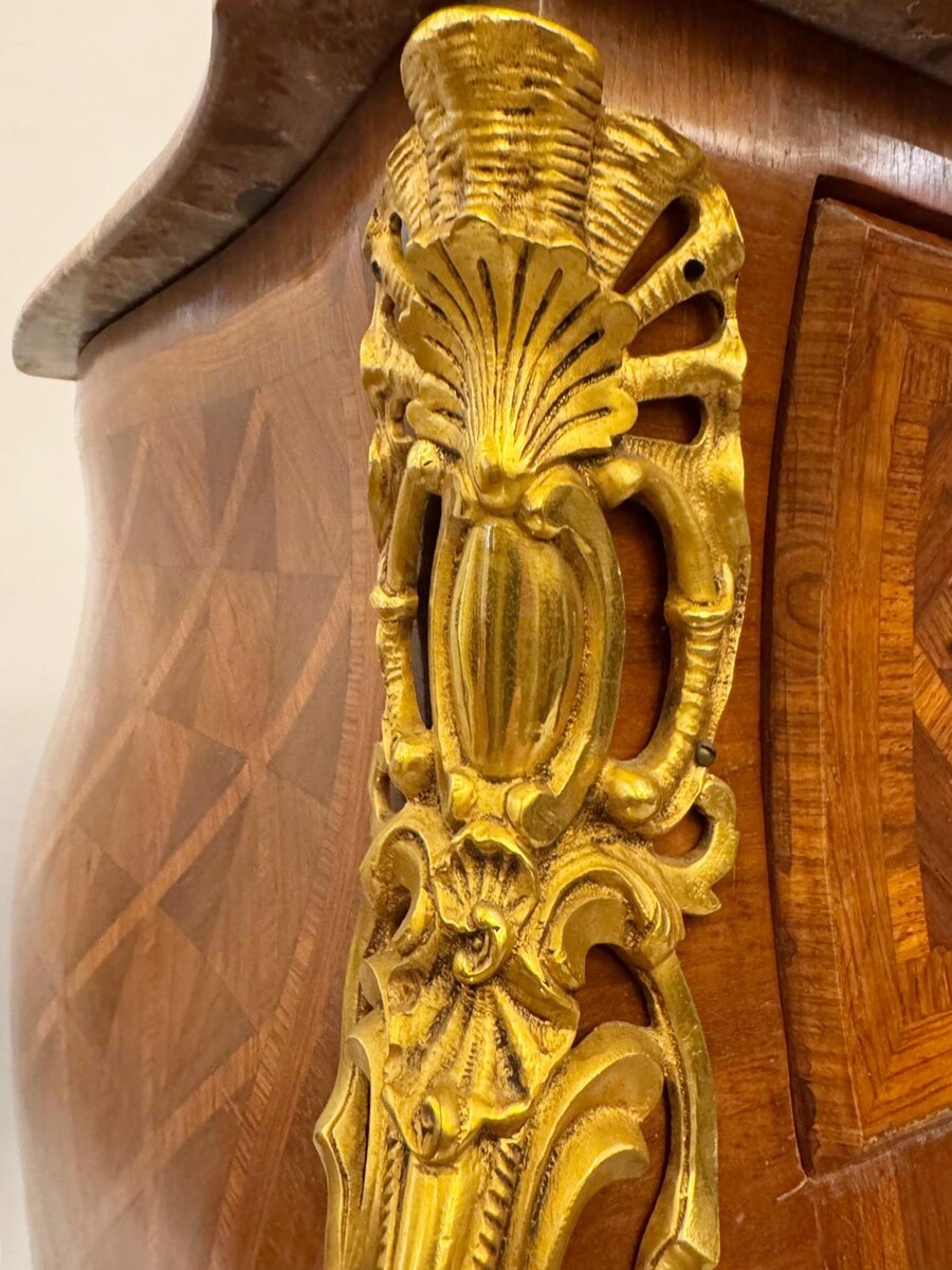 Louis XV style marquetry crossbow chest of drawers