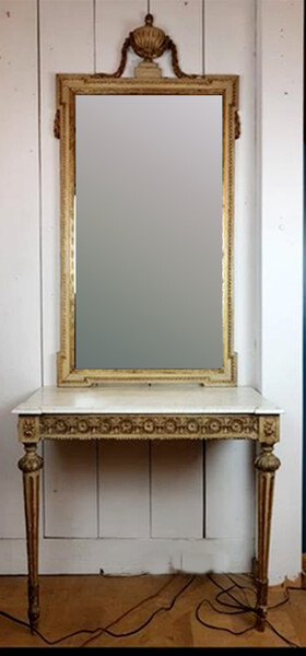 Louis XVI style console and mirror - slightly veined white marble - gilding and creamy white patina