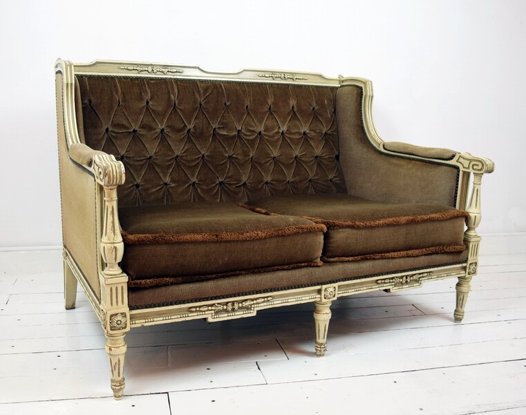 Louis XVI style sofa in patinated wood and velvet upholstery