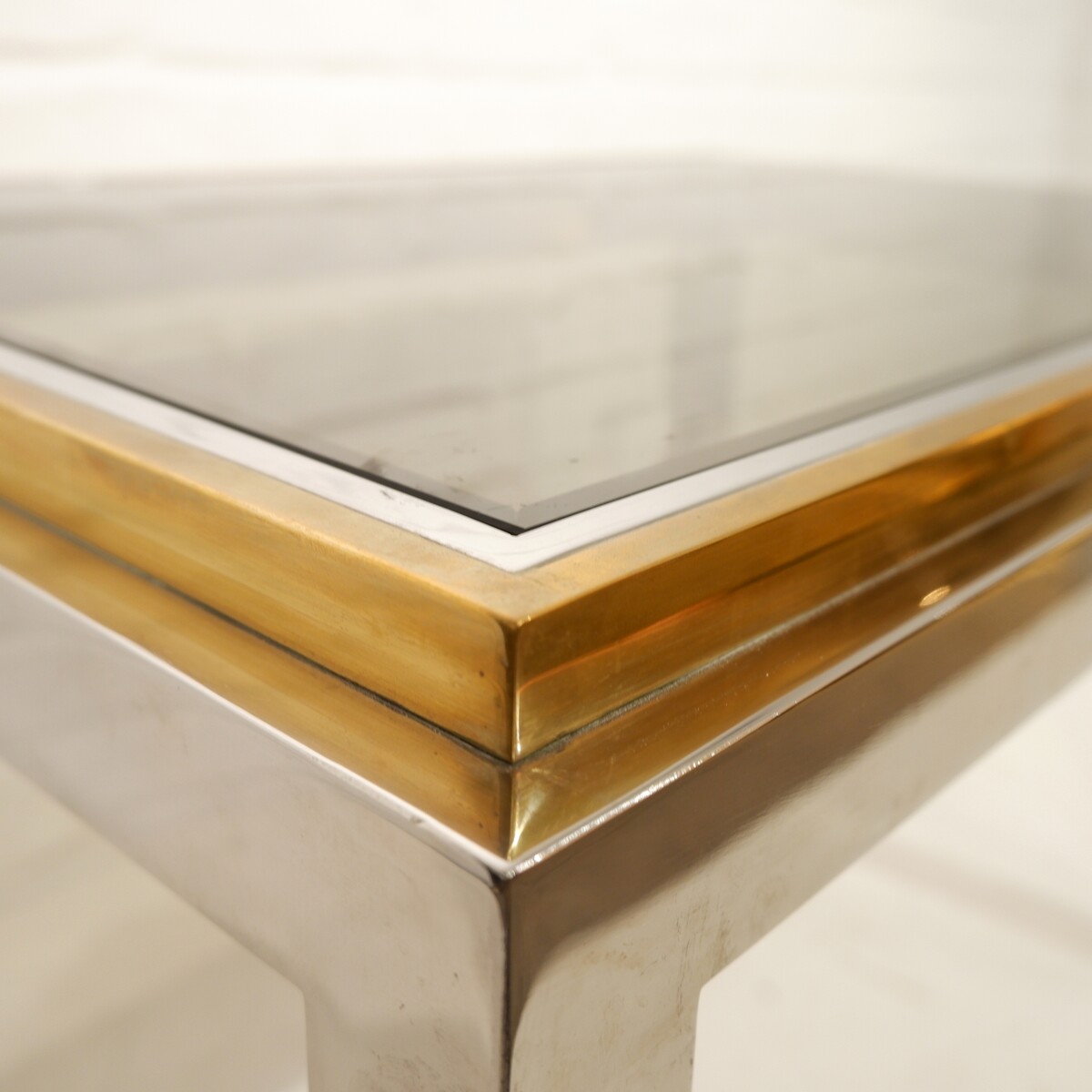 Maison Jean Charles pair of Coffee Tables Chrome & Brass, Signed, 1970s