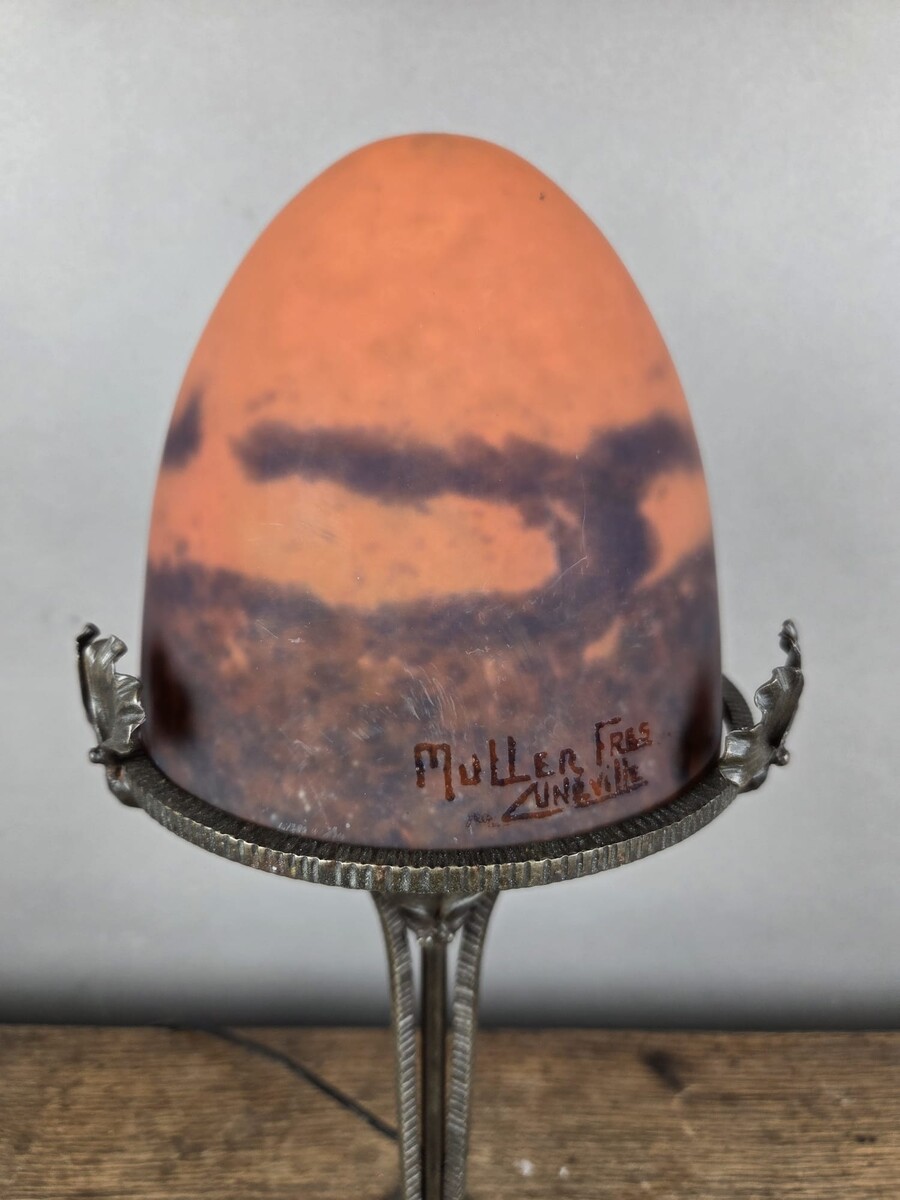 Miller Frères Lunéville, Glass paste lamp with wrought iron frame
