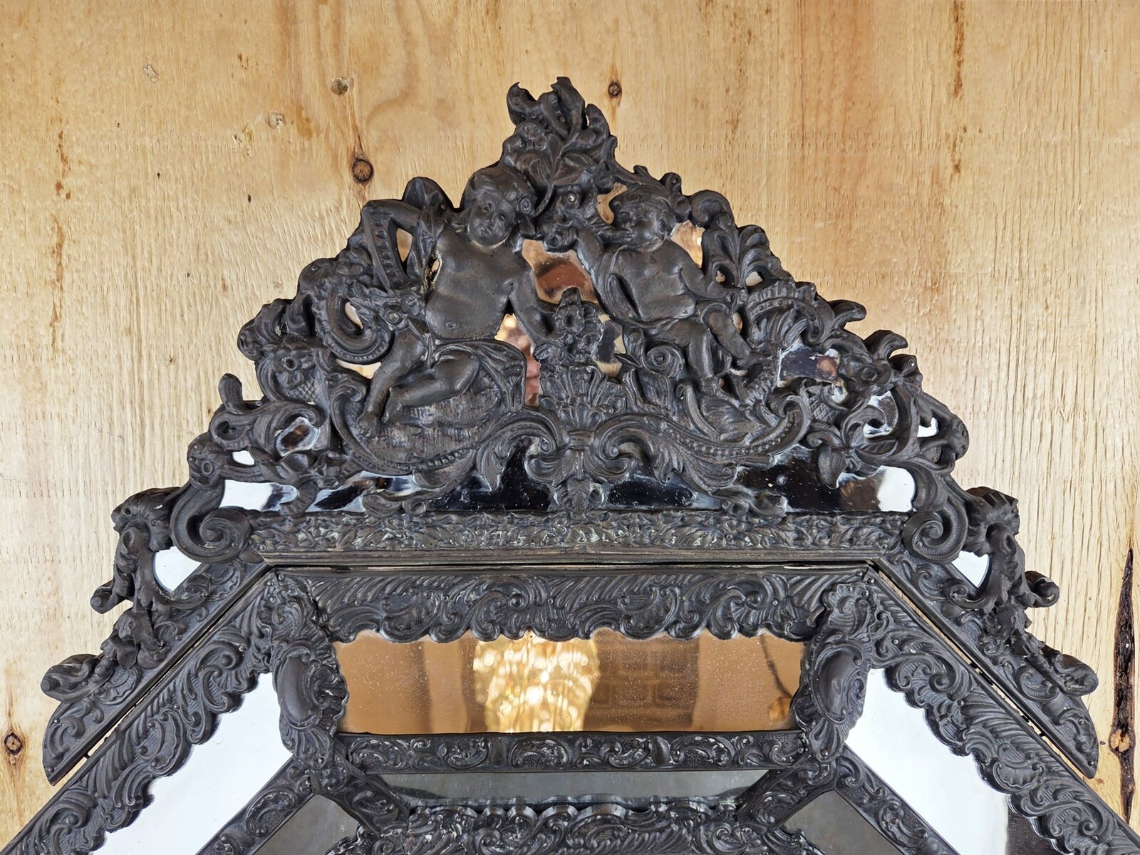 Mirror with embossed wood and copper bead, 20th century