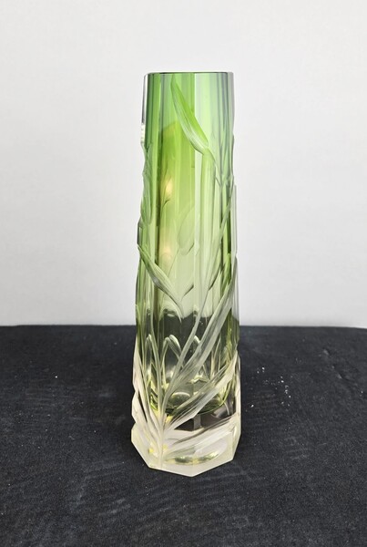 Moser Karlsbad vase, circa 1900 — Colorless glass tinted green, decorated with deeply engraved flowers