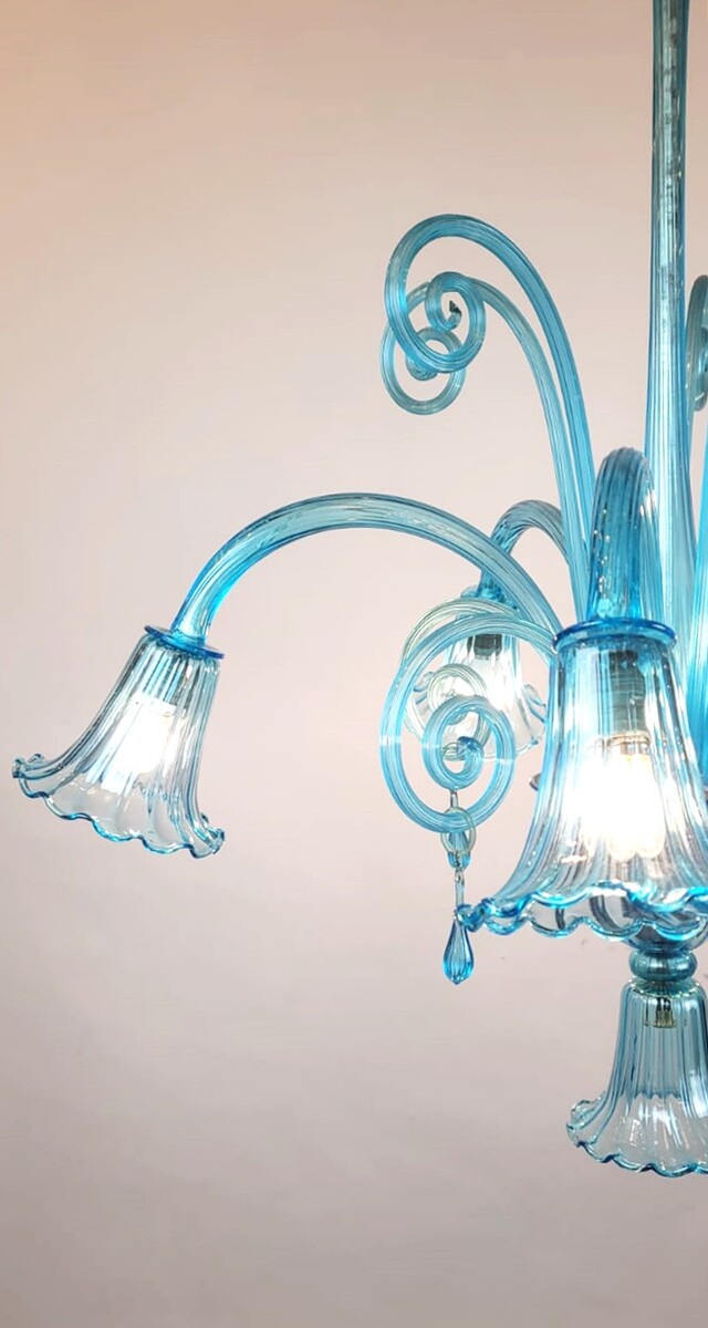 Murano blue glass chandelier - 5 arms of light