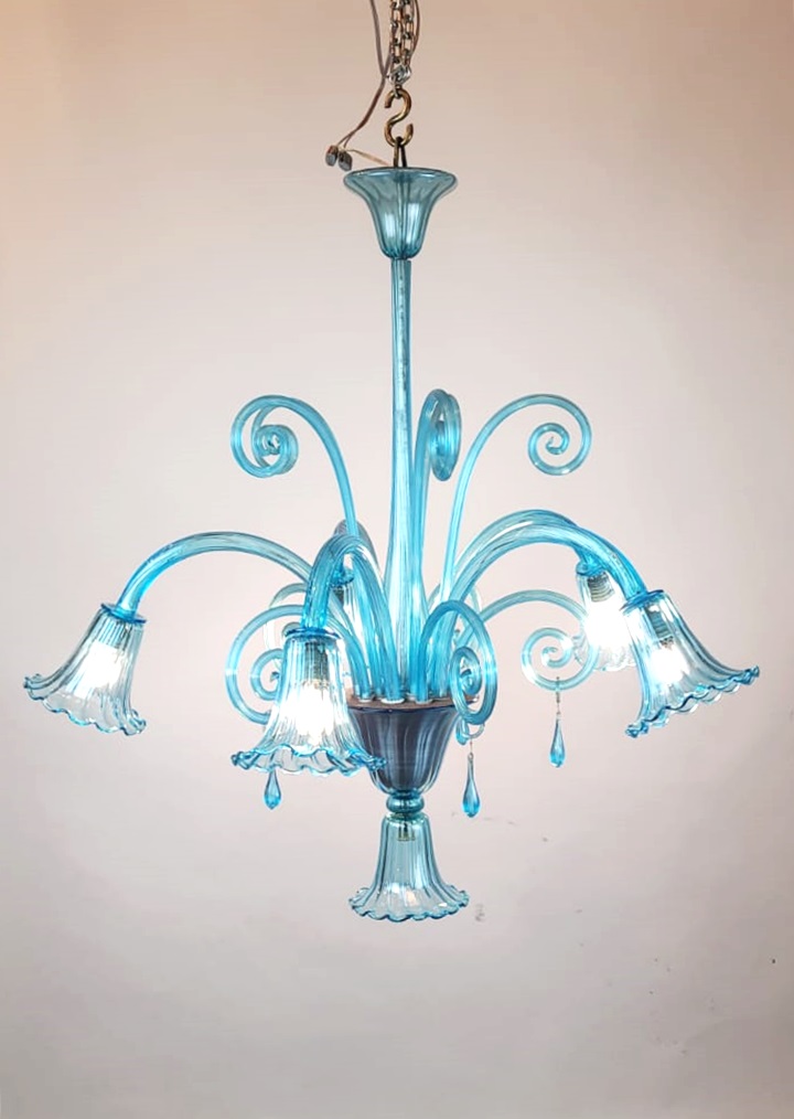 Murano blue glass chandelier - 5 arms of light