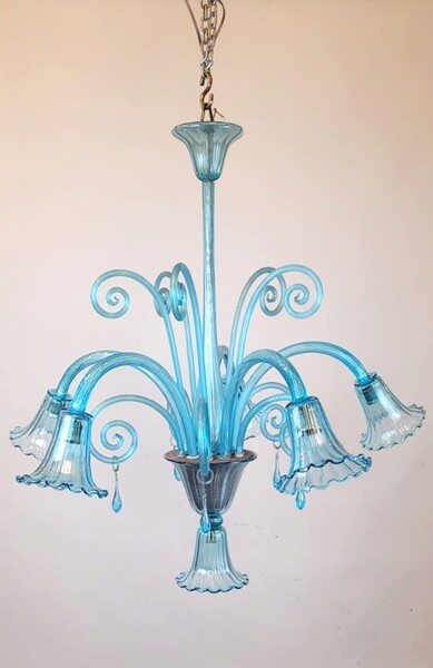 Murano blue glass chandelier - 5 arms of light