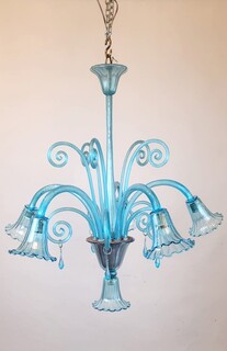 Murano blue glass chandelier - 5 arms of light