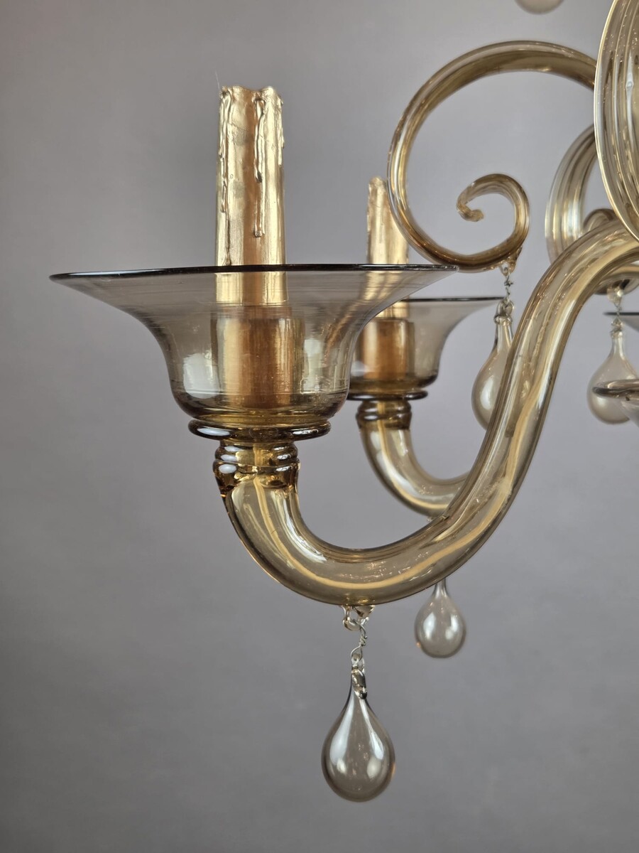 Murano chandelier in amber glass with 6 lights, circa 1950