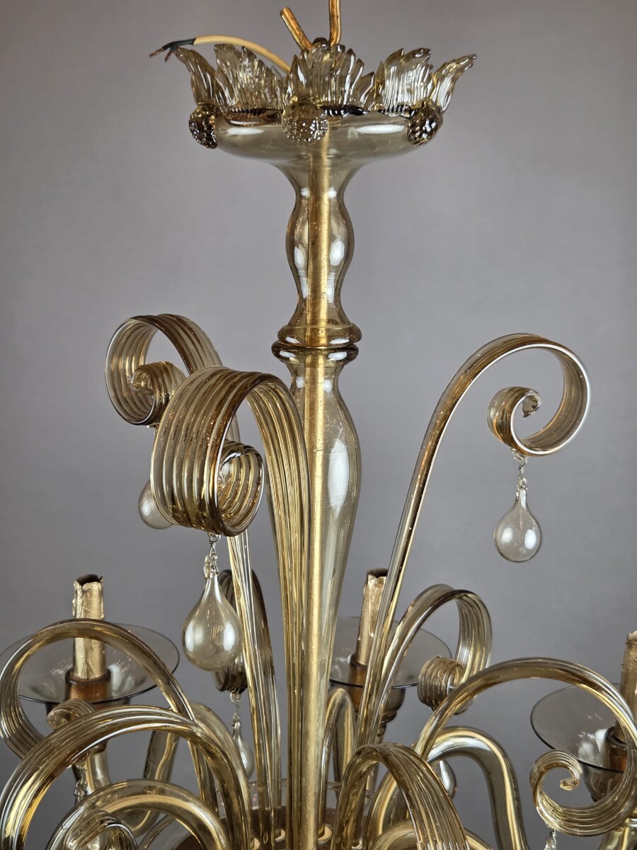 Murano chandelier in amber glass with 6 lights, circa 1950