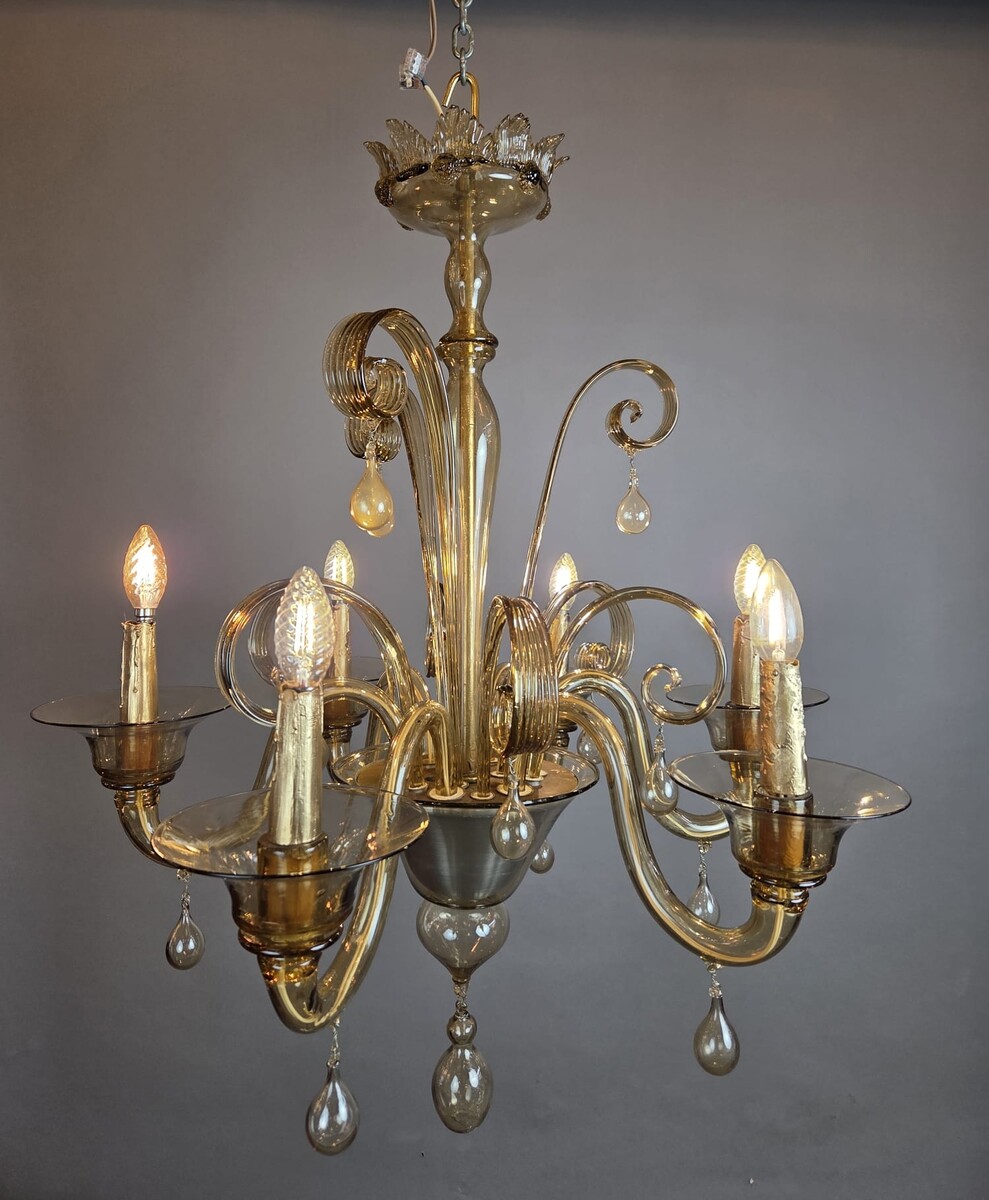Murano chandelier in amber glass with 6 lights, circa 1950