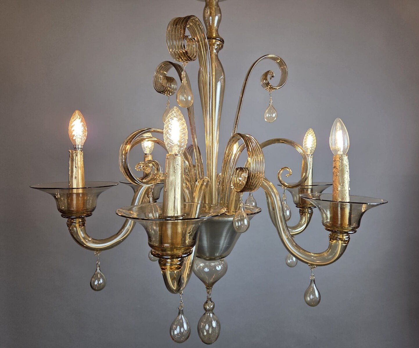 Murano chandelier in amber glass with 6 lights, circa 1950
