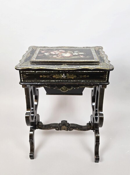 Napoleon III papier-mâché workwoman, floral decoration and mother-of-pearl