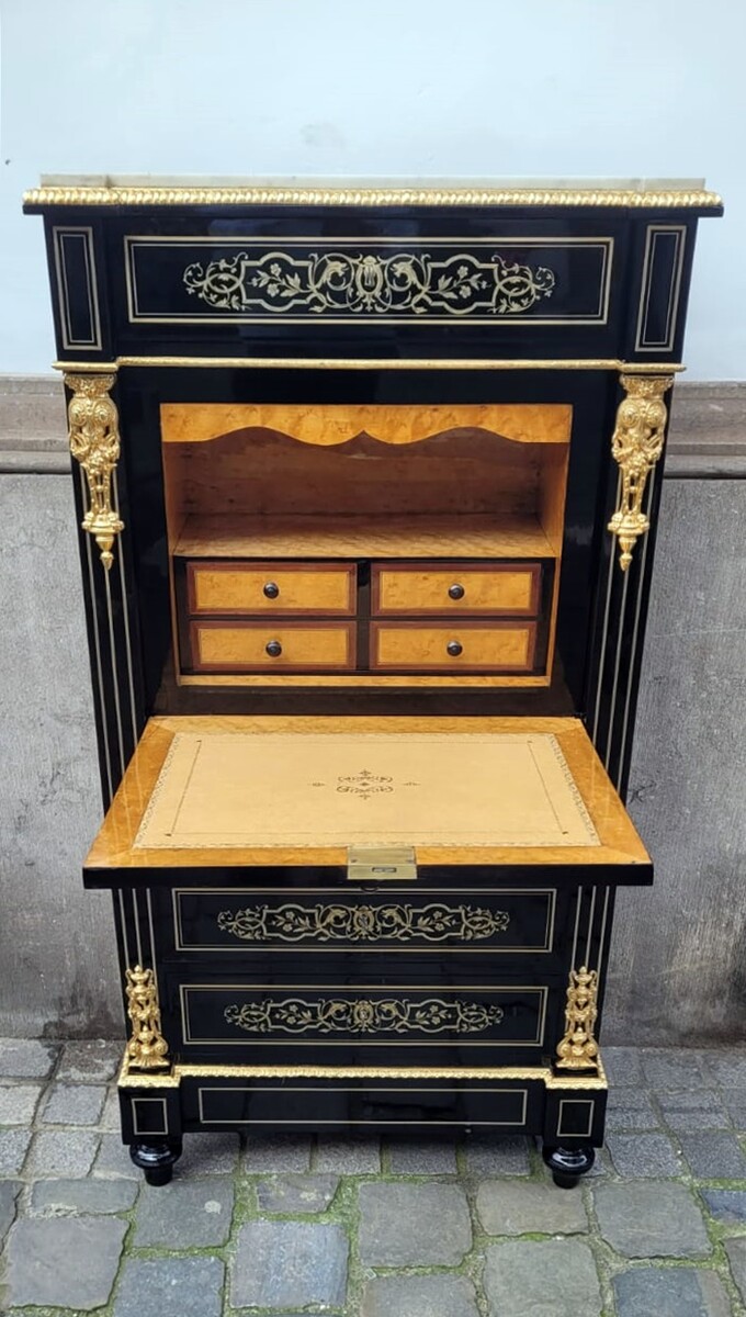 Napoleon III secretary in blackened pear wood - brass marquetry