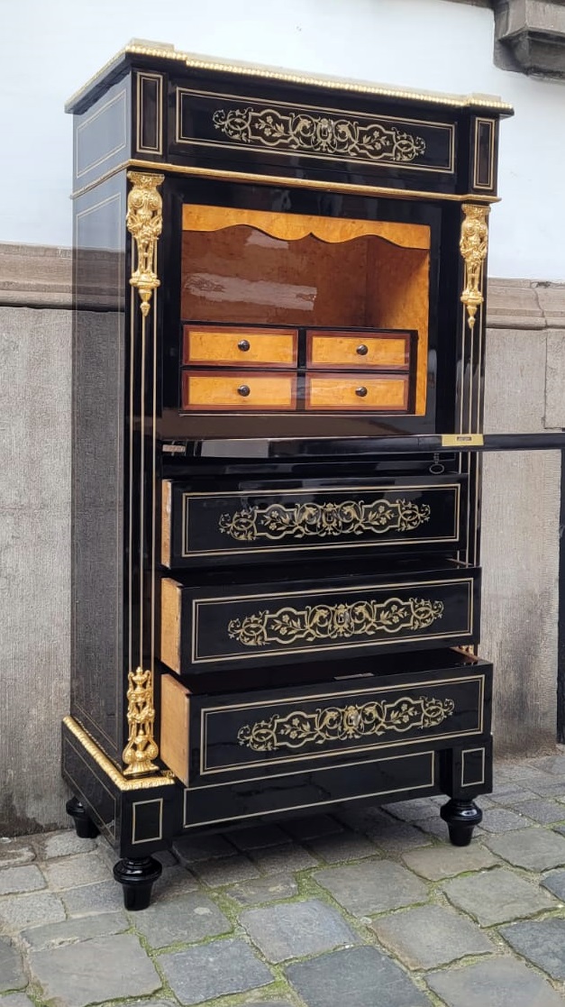 Napoleon III secretary in blackened pear wood - brass marquetry