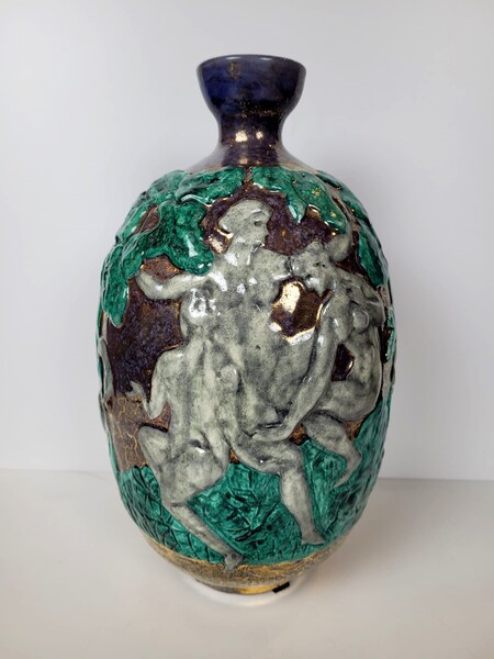 Nice vase by Jean Mayodon (1893-1967) Green and golden glaze - Bathers with swans Circa 1950