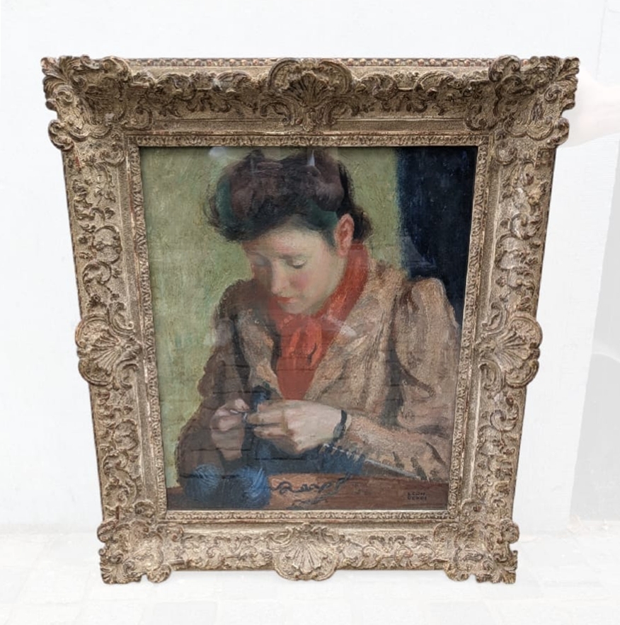 Oil on canvas, *Émilie the Knitter*, Léon Devos (1897–1974), Belgium, circa 1940