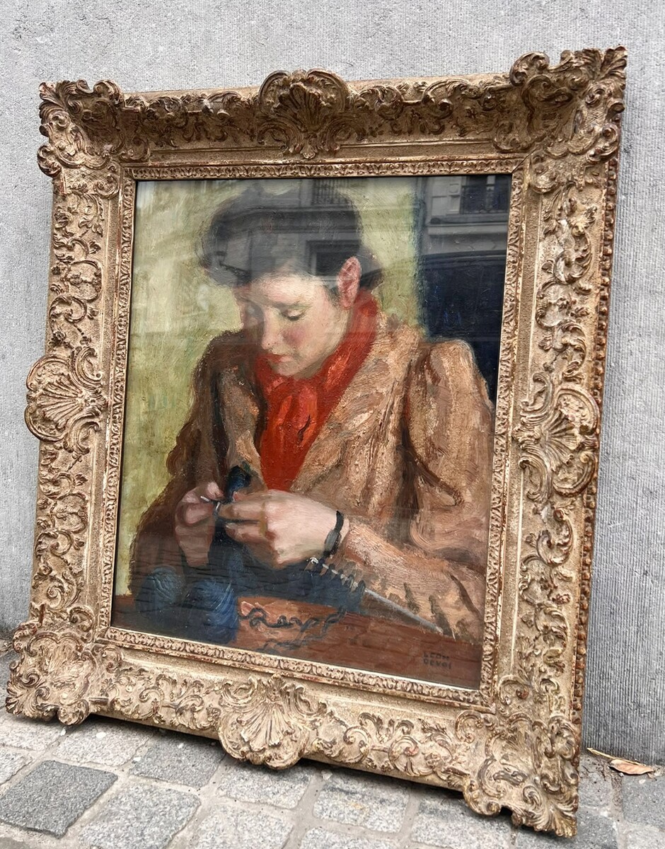 Oil on canvas, *Émilie the Knitter*, Léon Devos (1897–1974), Belgium, circa 1940