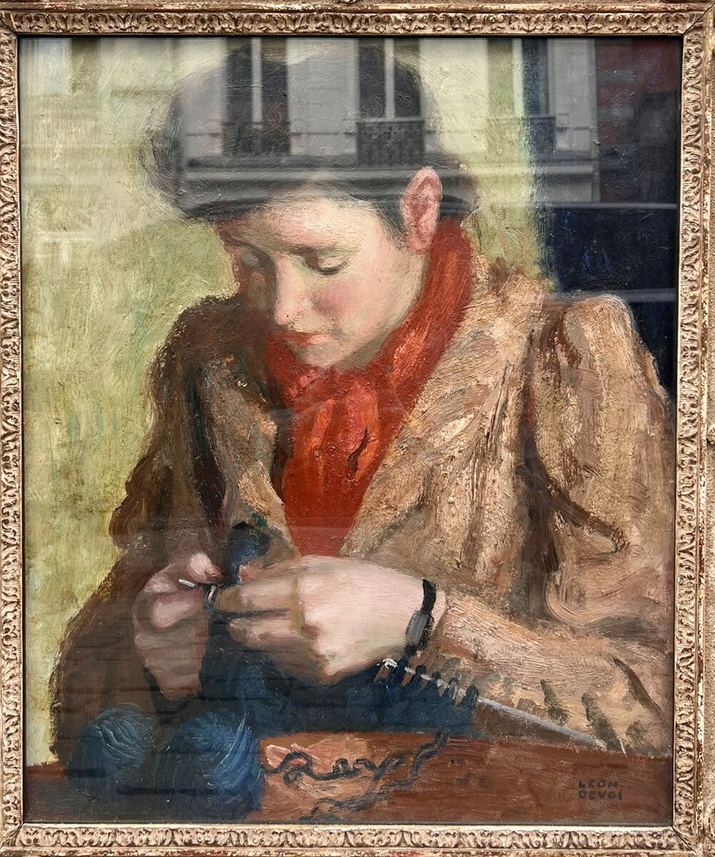 Oil on canvas, *Émilie the Knitter*, Léon Devos (1897–1974), Belgium, circa 1940