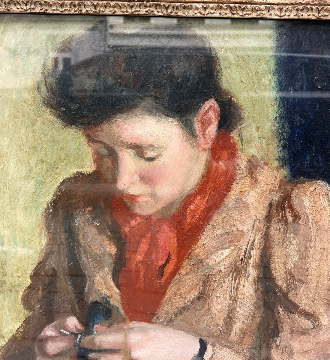 Oil on canvas, *Émilie the Knitter*, Léon Devos (1897–1974), Belgium, circa 1940