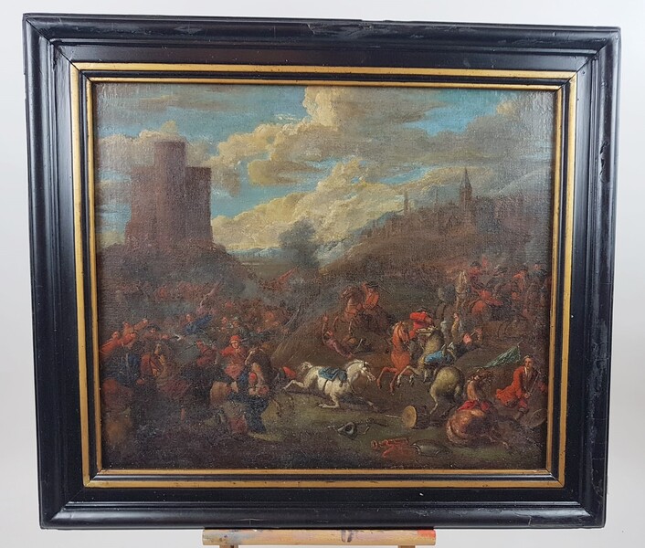 Oil on canvas representing a battle between Turkish and Christian cavalry