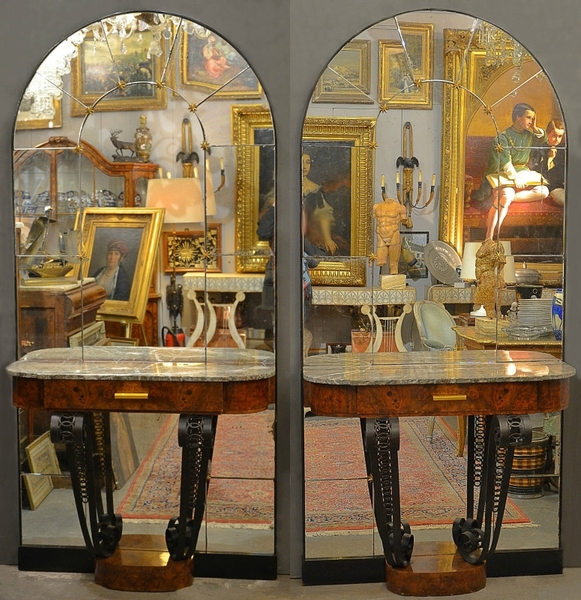 Pair of 1930s art deco consoles in burl wood, marble and cast iron with mirror