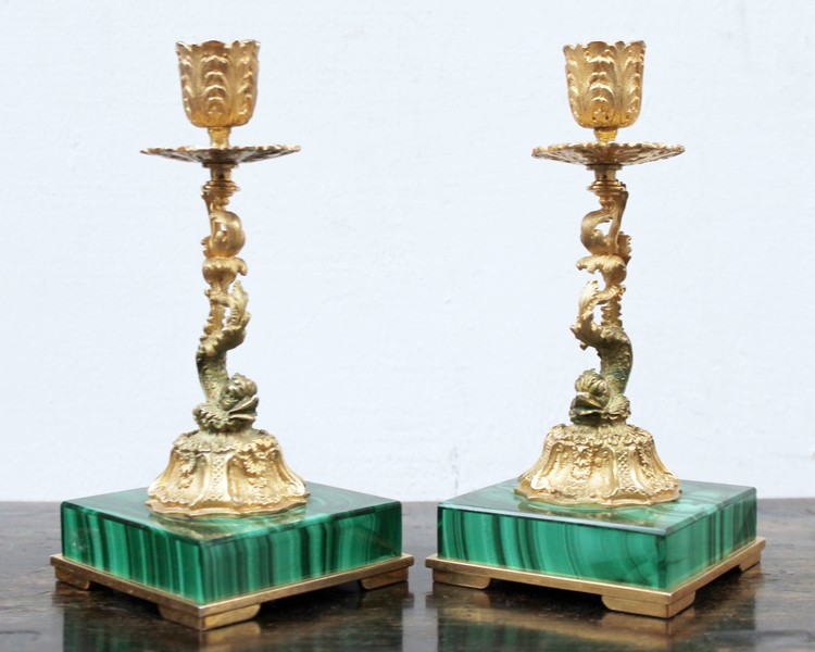 Pair of 19th C. ormolu italian candlesticks on a malachite base