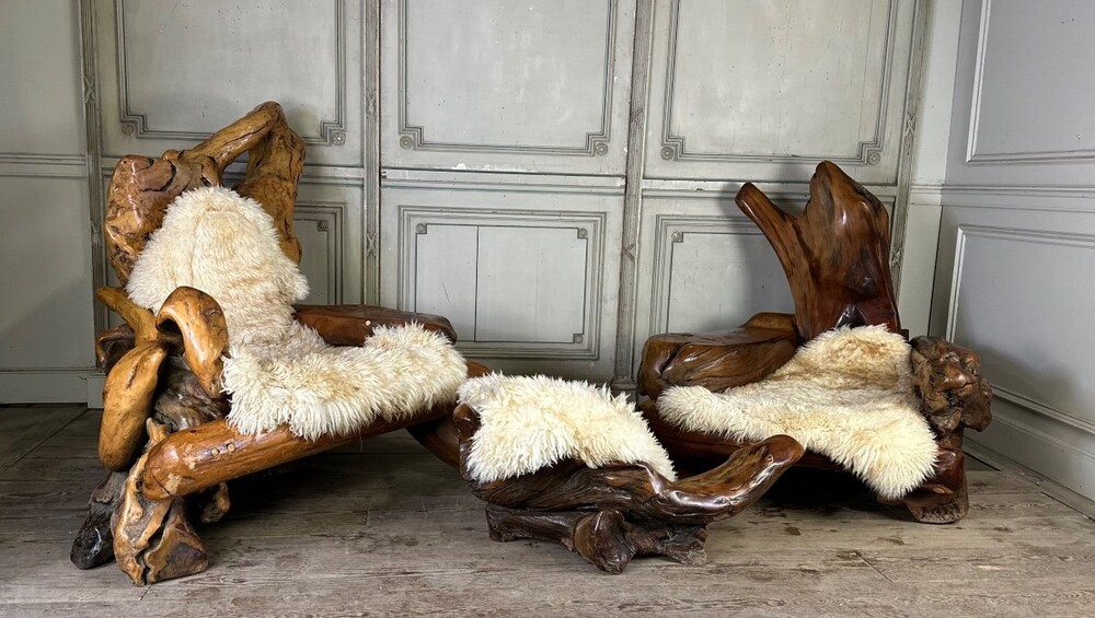 Pair Of Armchairs And A Footrest Made Of Root, Circa 1970