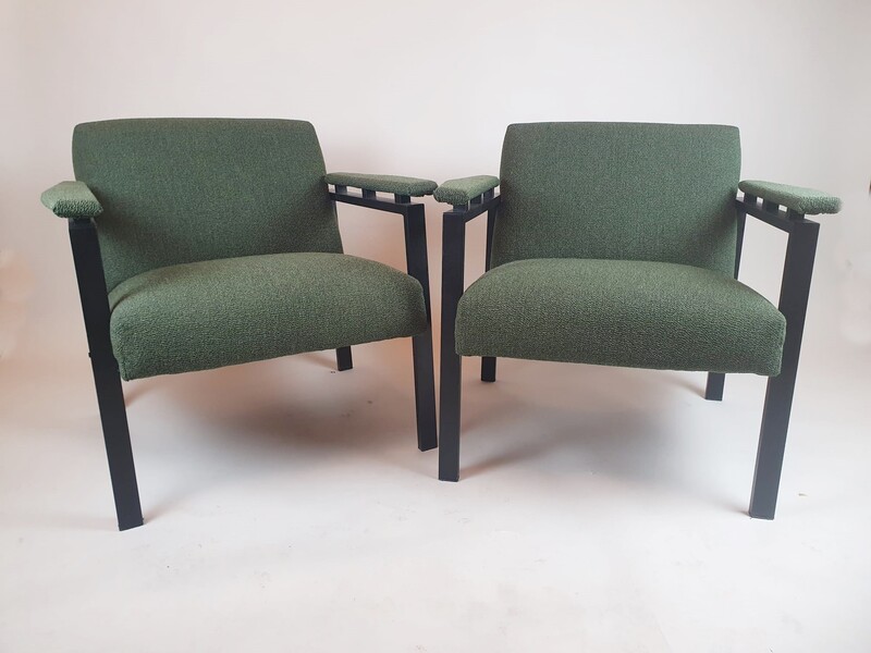 Pair of armchairs in green fabric and black lacquered metal - circa 1960