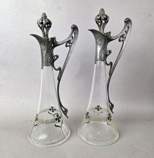 Pair of Art Nouveau glass and pewter ewers, WMF