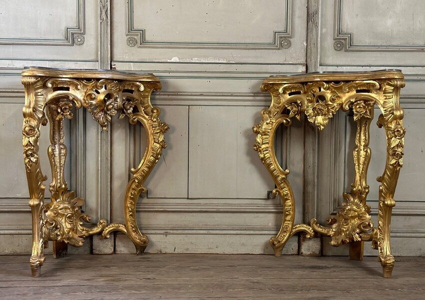Pair Of Baroque Style Gilded Carved Wood Consoles, Italy Circa 1880